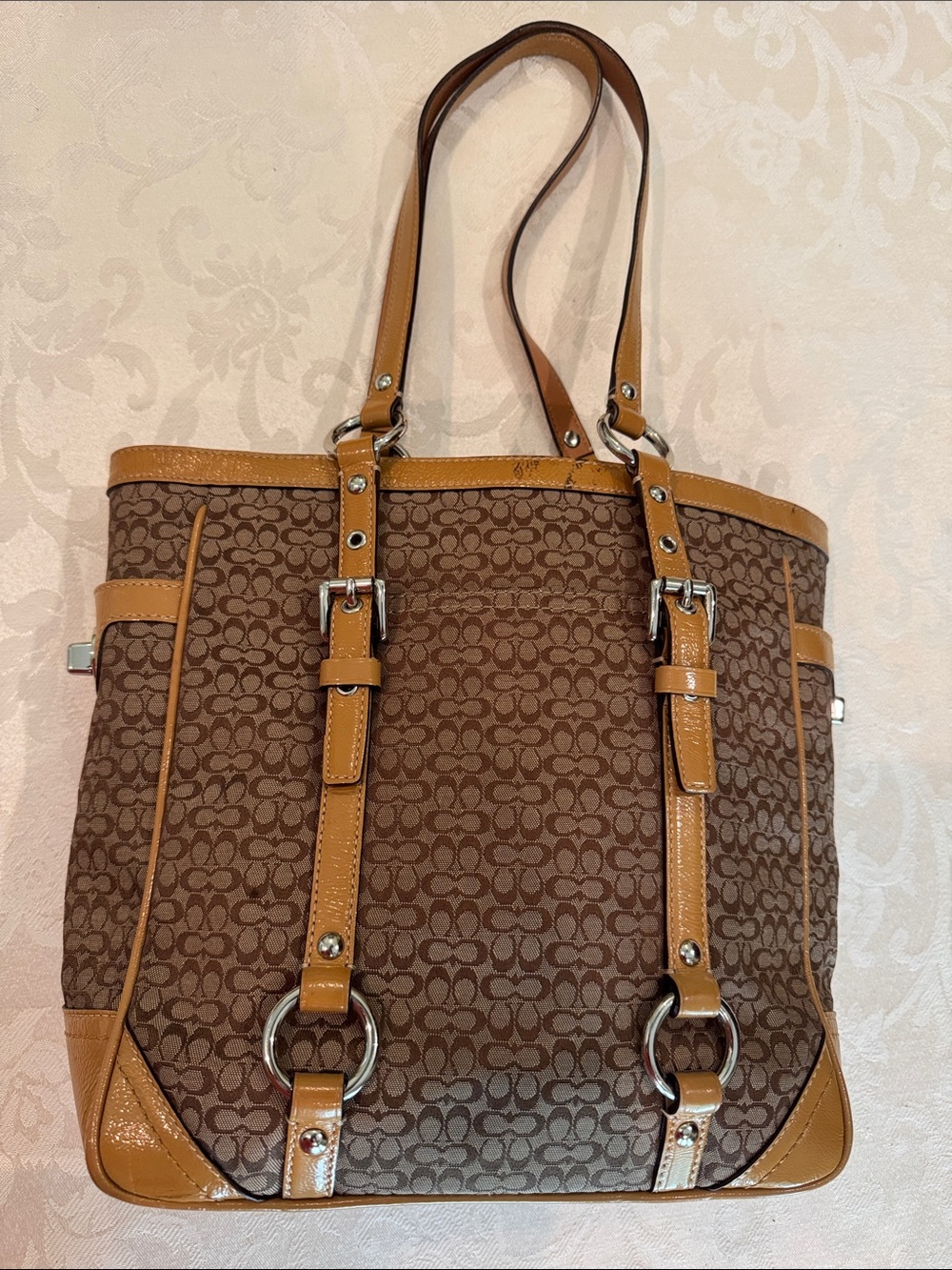 Vintage Coach Brown Signature Canvas Tote with Tan Patent Trim